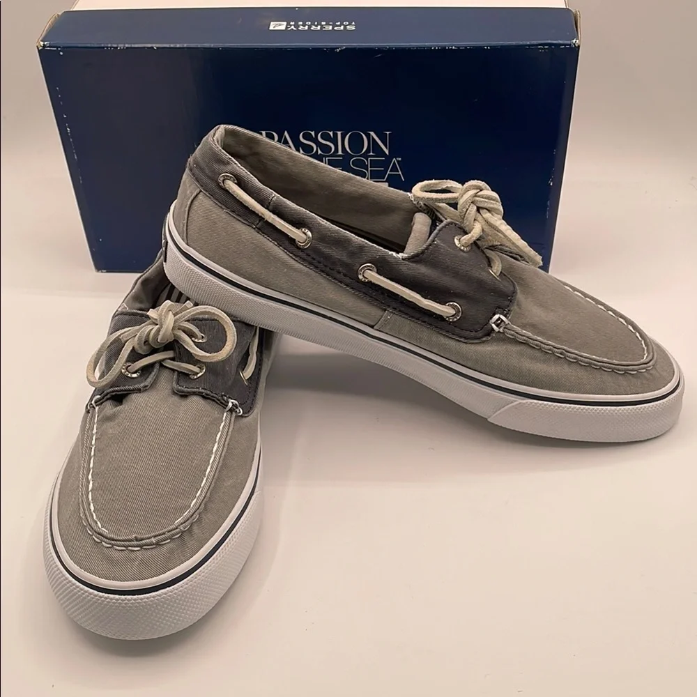 Sperry Top Sider Bahama Men's Grey Canvas Boat Shoes Moccasins Tie Size 10 EUC